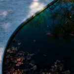 an empty swimming pool with leaves on the ground